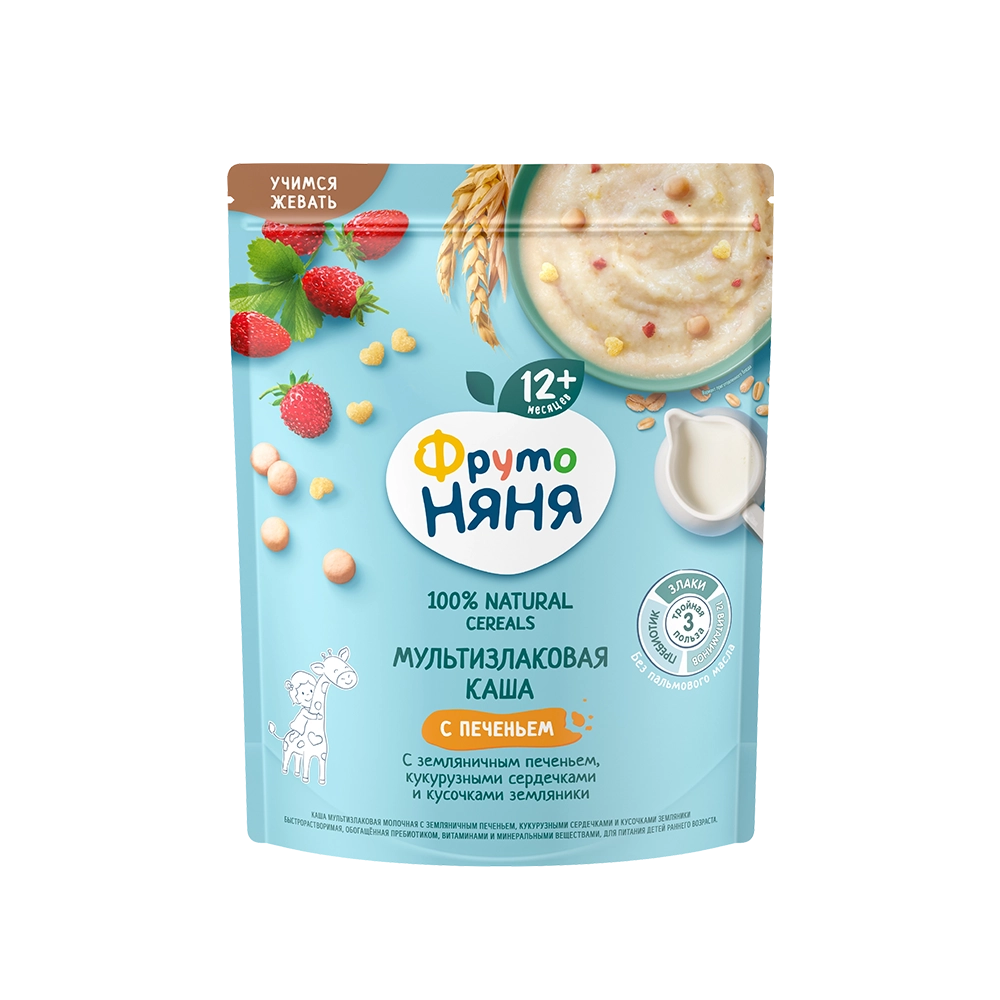 Каша сухая молочная мультизлаковая с земляничным печеньем, кукурузными сердечками и кусочками земляники
